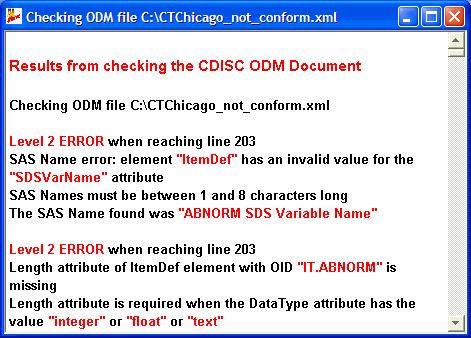 Messages generated by the CDISC ODM Checker