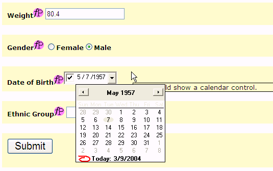 An XForm with Calendar popup in an XForms browser